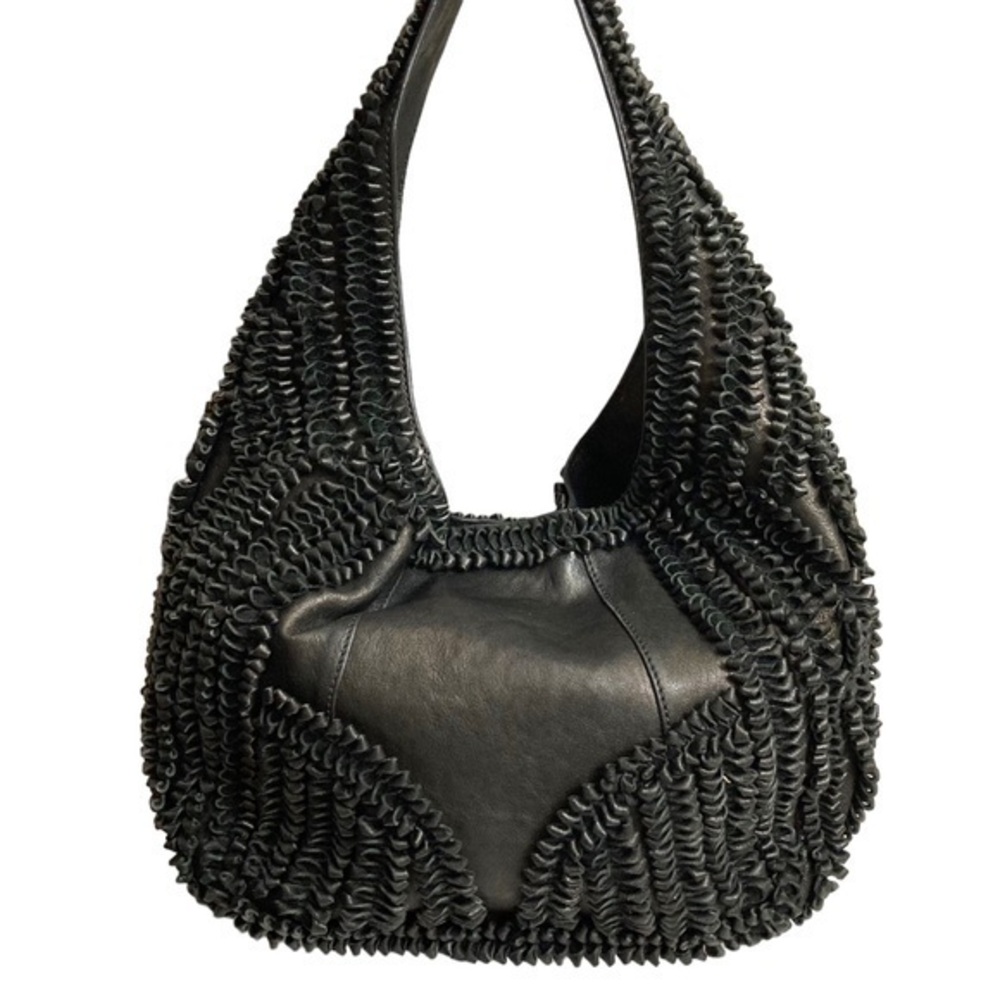 Lockheart RARE black leather hobo bag with ruffled leather embellishments
